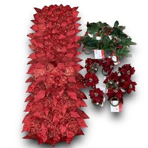 Poinsettia Petals Christmas Holiday Table Runner with 15 Poinsettia and Mistleto